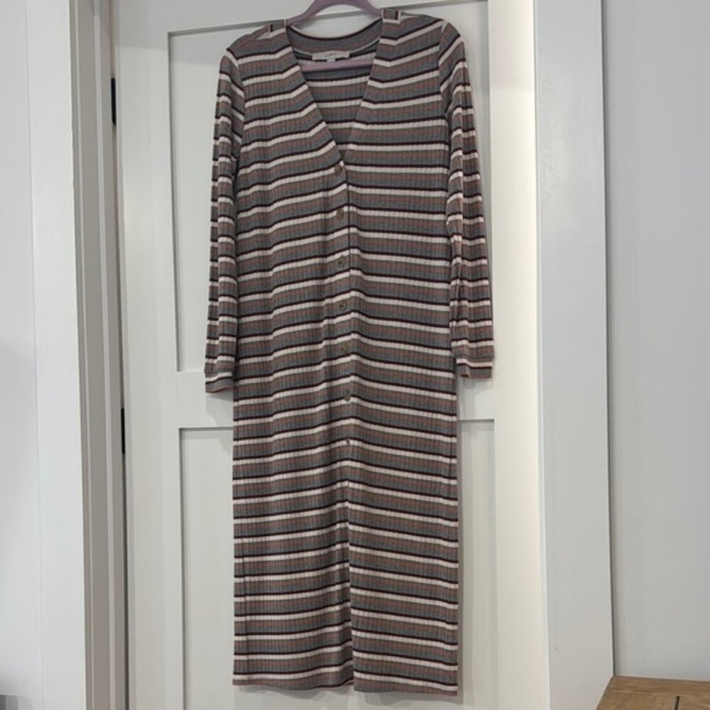 LOFT Tan V-Neck Long Sleeve Sheath Midi Dress